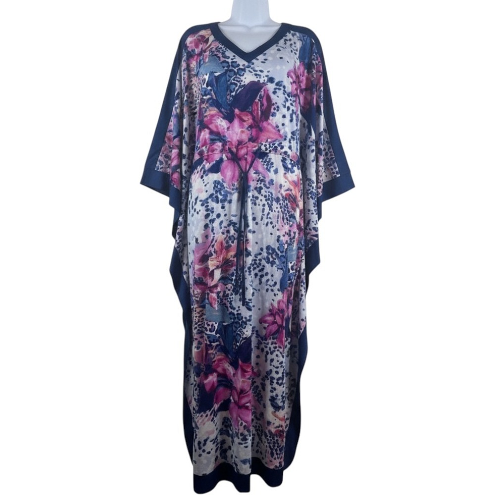 Carole Hochman Kaftan Sleep Dress Floral Leopard Print Navy Pink XS/S